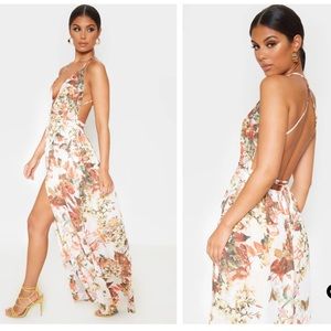 White Floral Print Chiffon Halterneck Maxi Dress